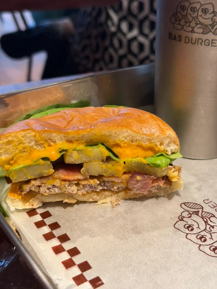 Cross-section of a bitten Hawaiian Burger
