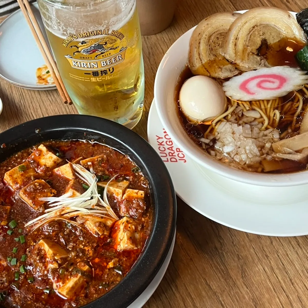마파두부와 중화소바, 기린생맥주 한 상