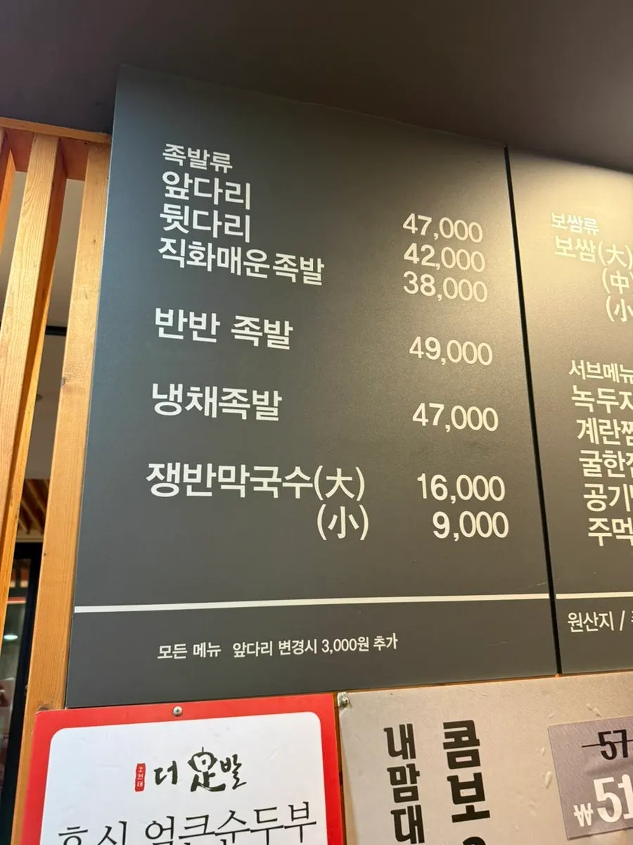 Menu board with jokbal prices