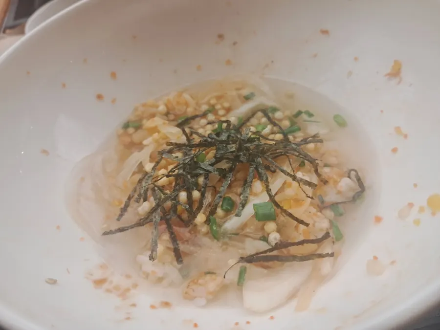 Finished salmon ochazuke with broth poured over rice