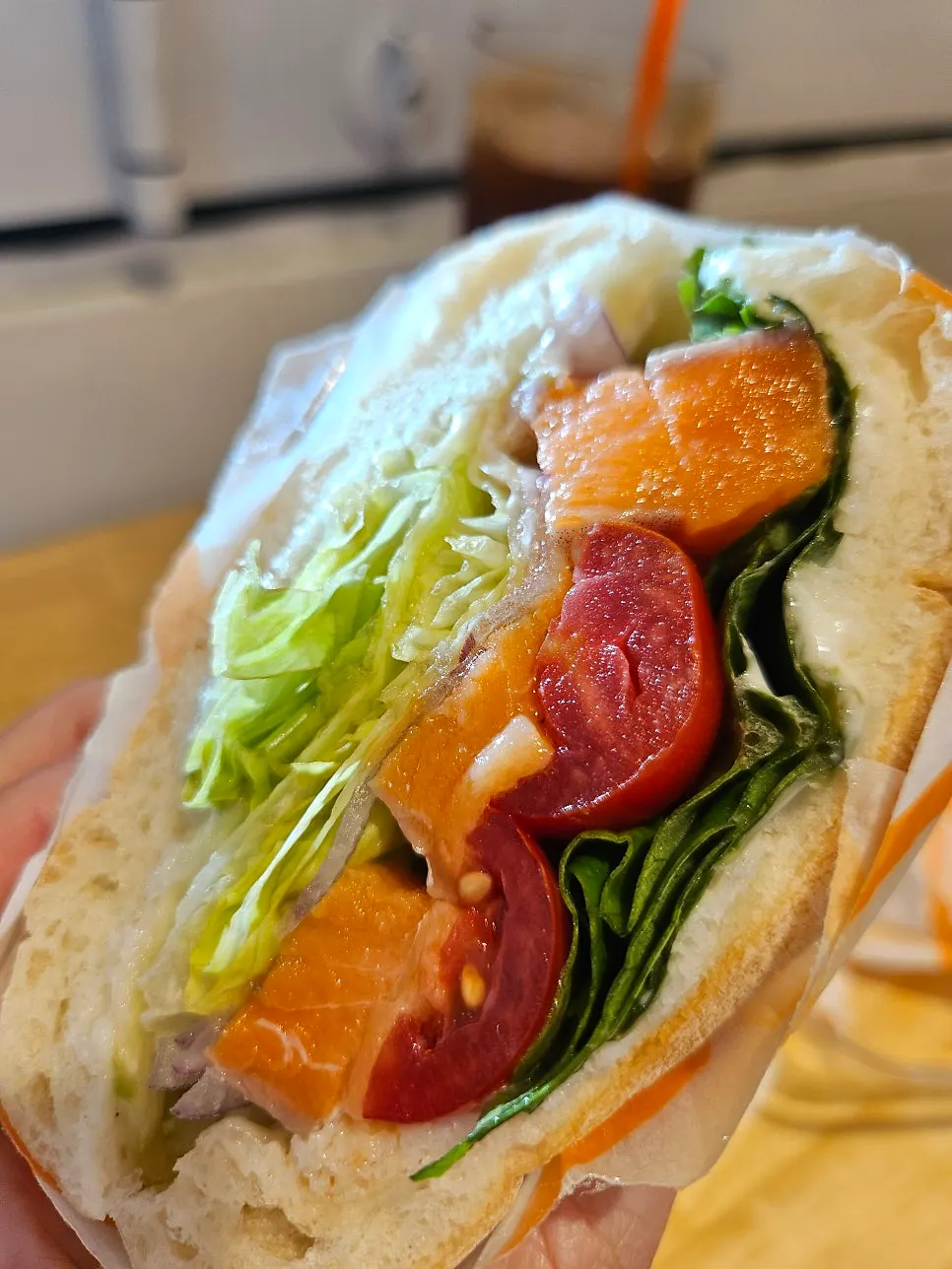 Cross-section of the sandwich packed with salmon