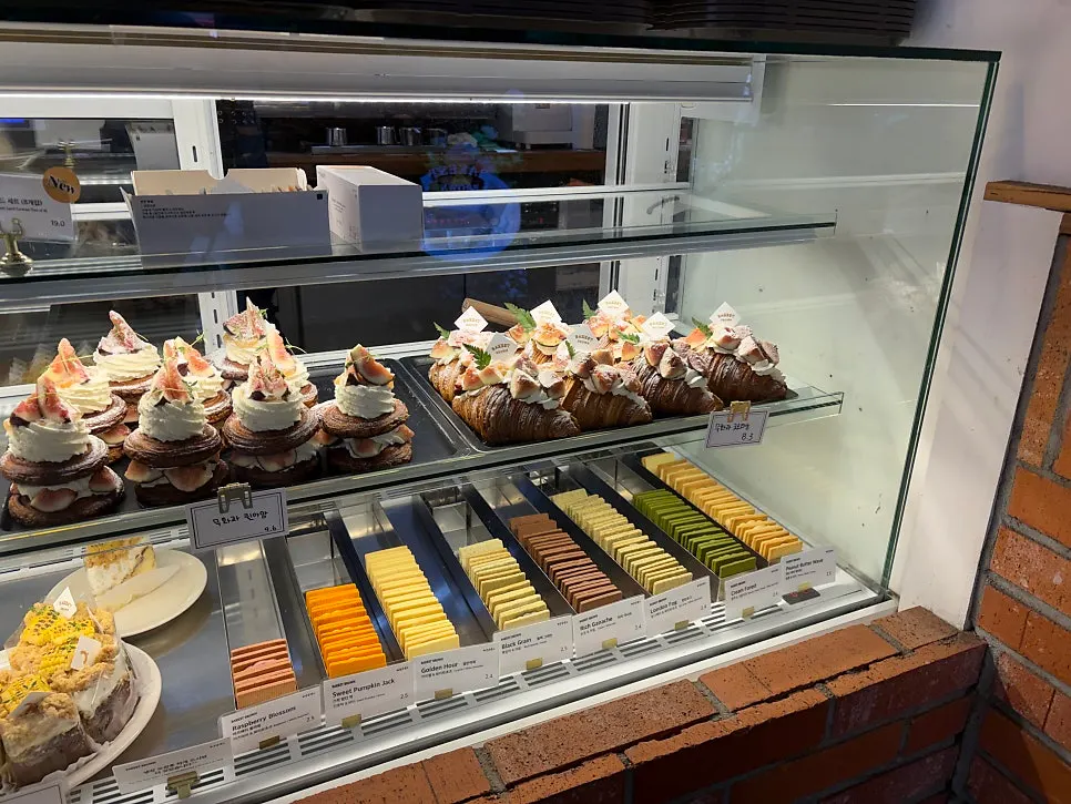 Bakery display case with sliced bread and cakes