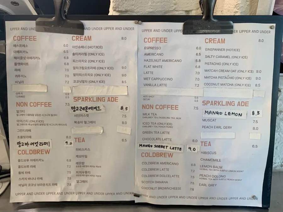Upper and Under's drink menu board