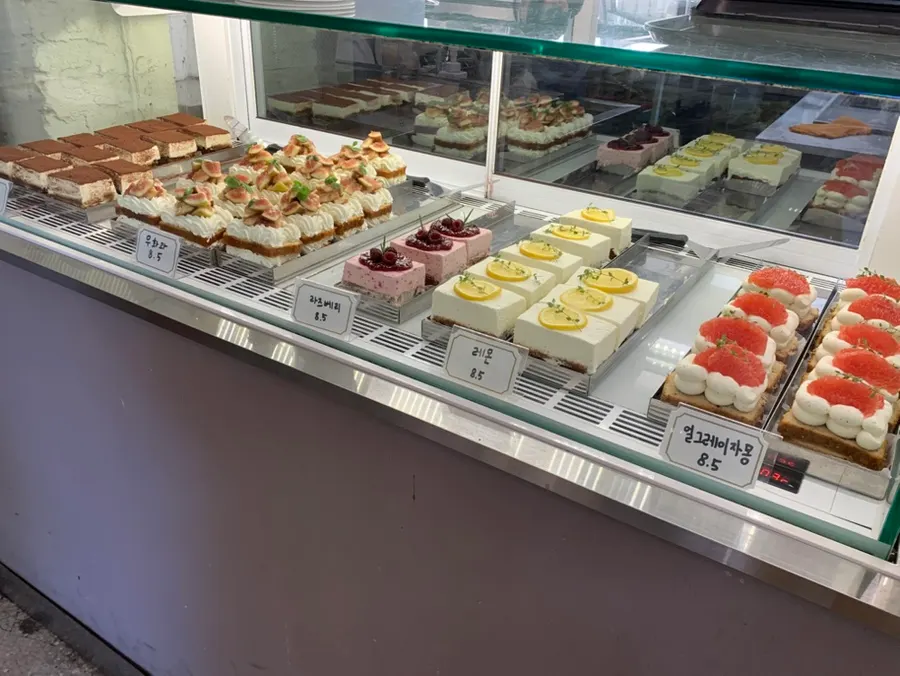 Fruit cakes displayed in the showcase