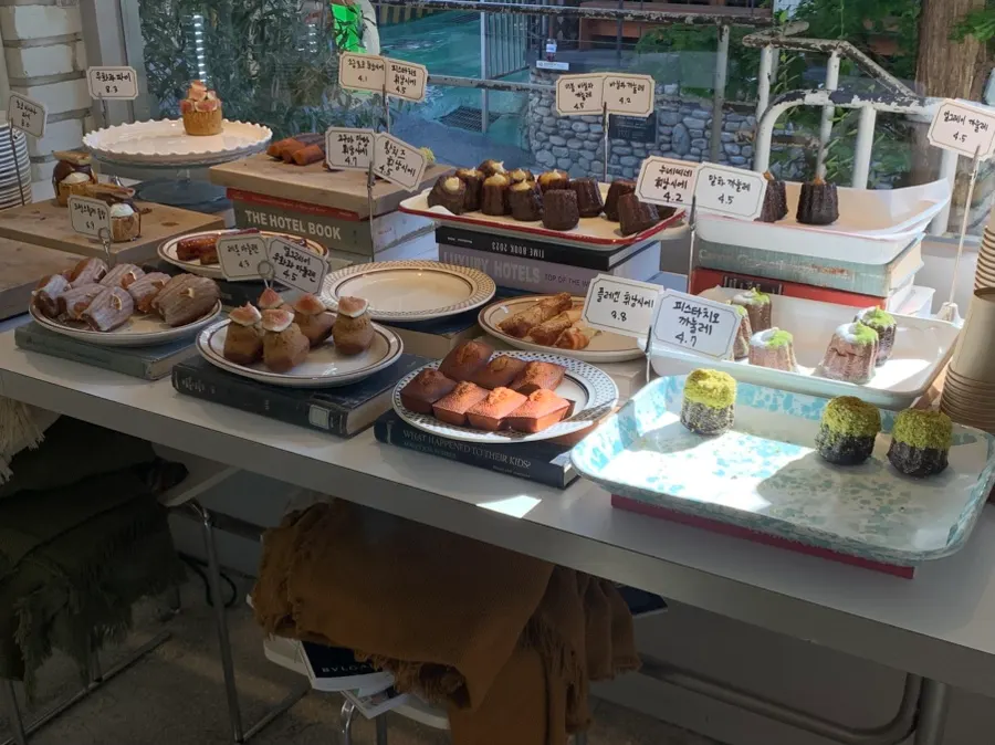 Baked goods lined up on the display shelf