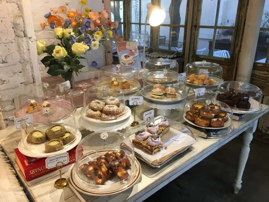 Cakes displayed in the showcase
