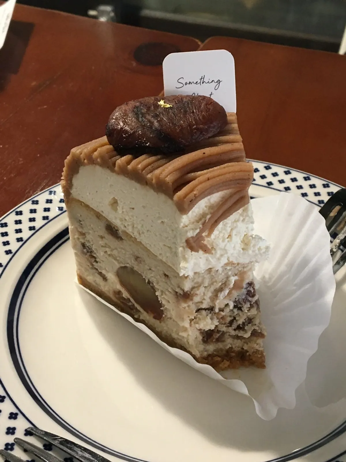 Mont Blanc cheesecake topped with candied chestnut