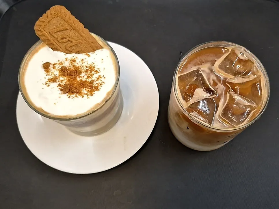 Two glasses: salty caramel and iced latte