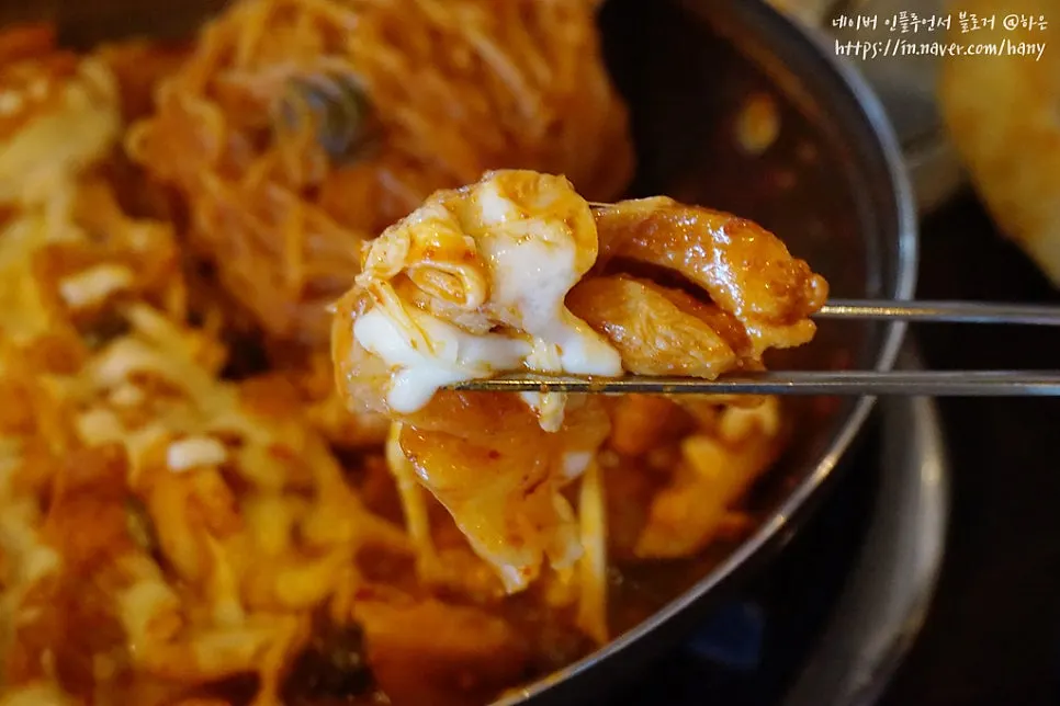 치즈를 늘려 올린 치즈닭갈비 한 점