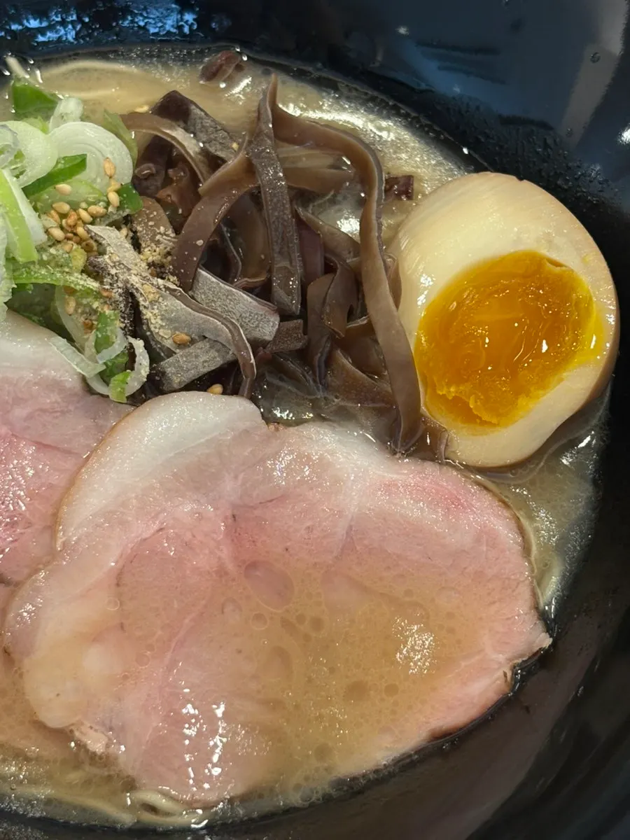 Chashu and soft-boiled egg on the Hakata tonkotsu ramen
