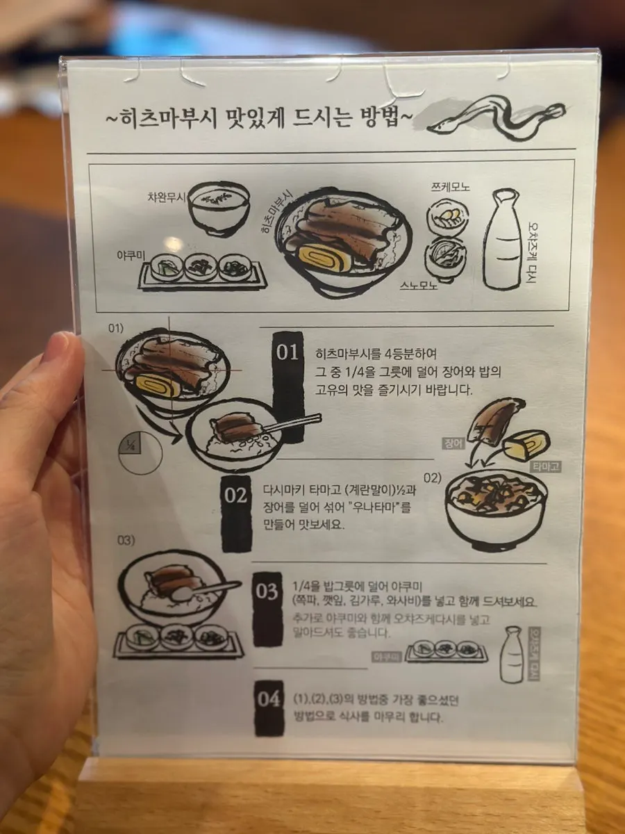 Instructions on the table for how to eat hitsumabushi