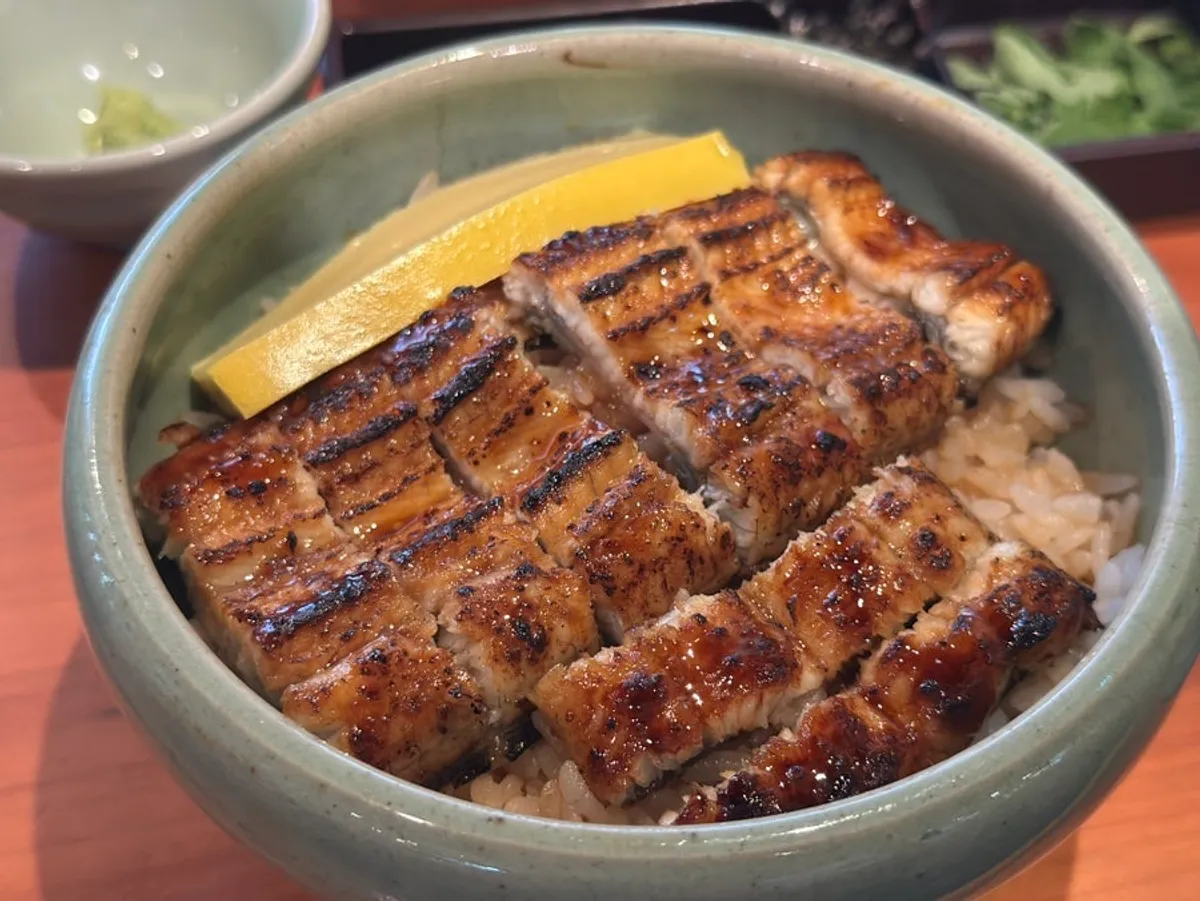 Close-up of the Nagoya-style eel rice bowl hitsumabushi