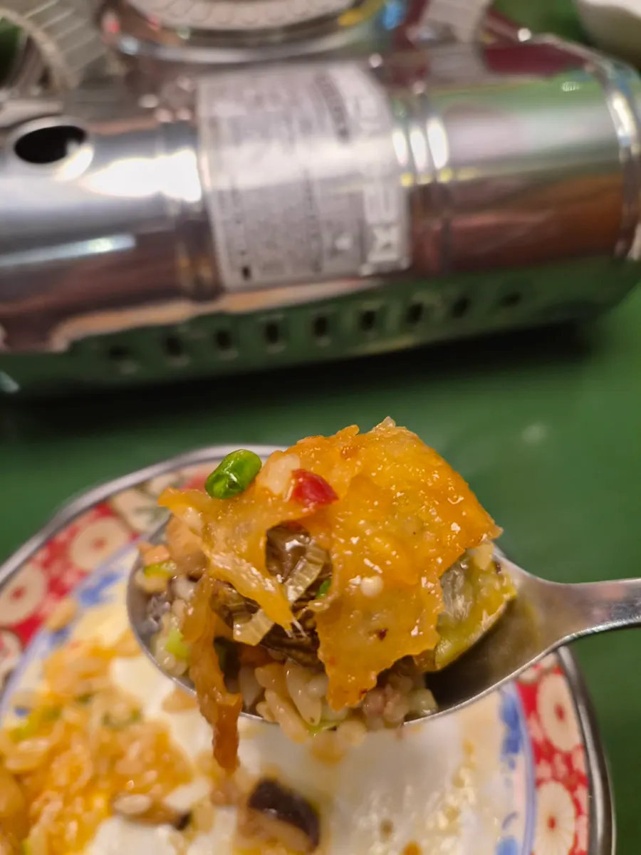 Eggplant rice topped with fried eggplant and minced meat
