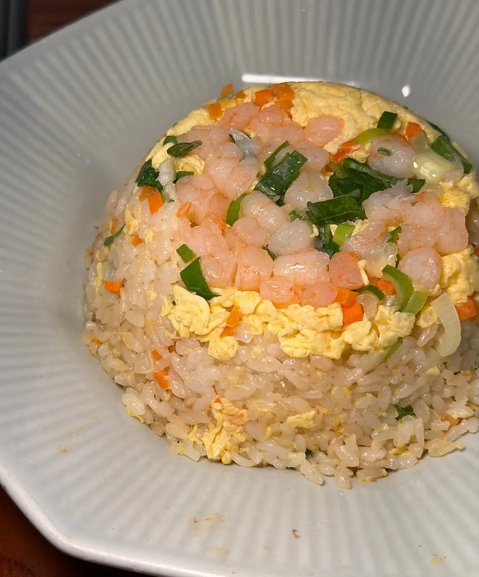 Close-up of plump shrimp on top of fried rice