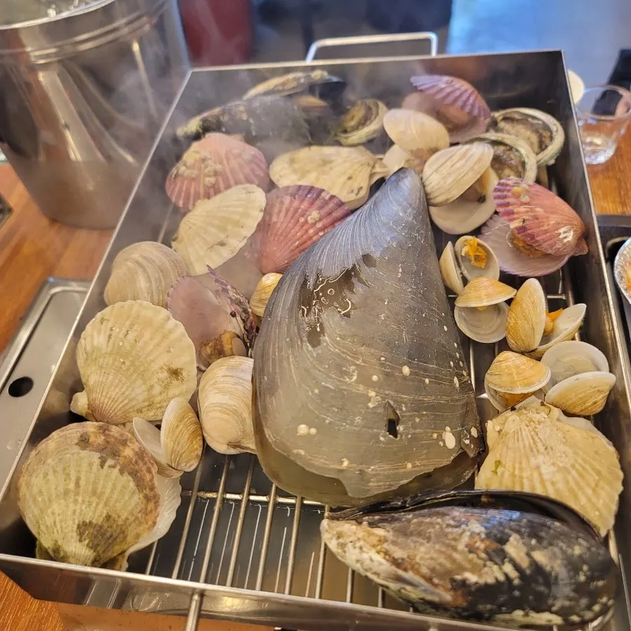 뚜껑을 연 조개찜기 속 익은 조개