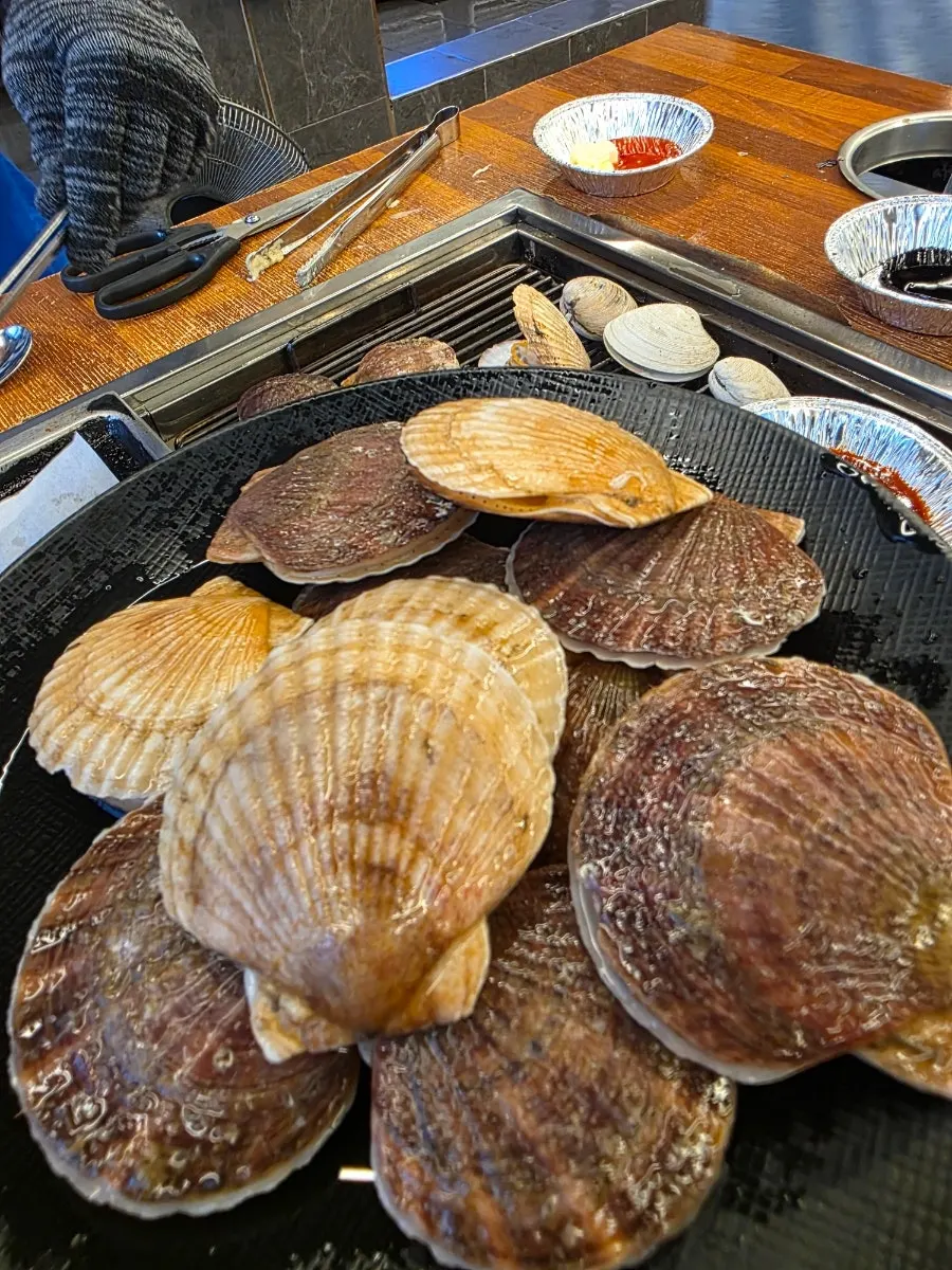 Scallops and sausage on the grill