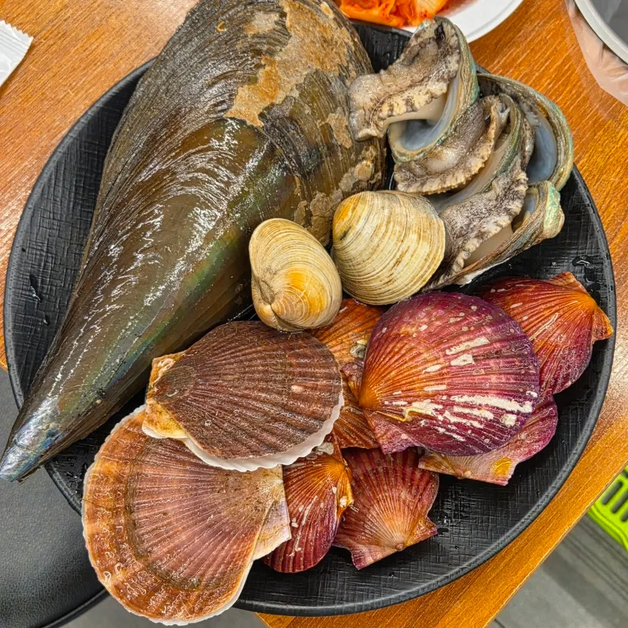 Plate of hand-picked scallops, razor clams, and abalone