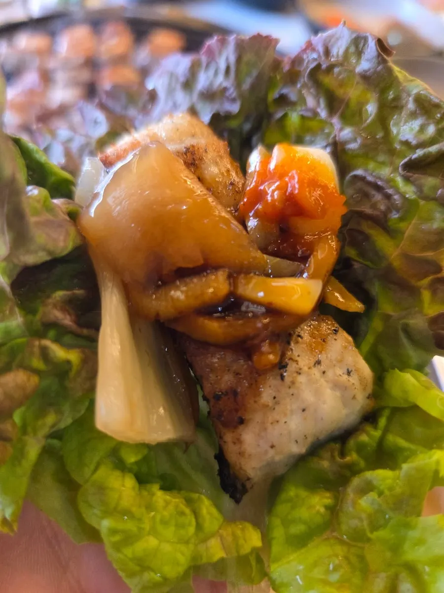 Close-up of thick, grilled pork belly