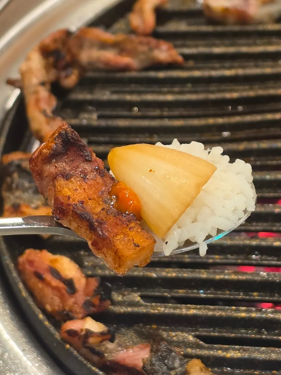 A piece of grilled eel topped with garlic and onion