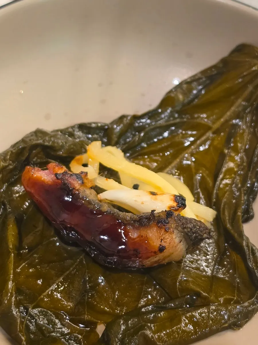 Eel and ginger slivers wrapped in pickled perilla leaf