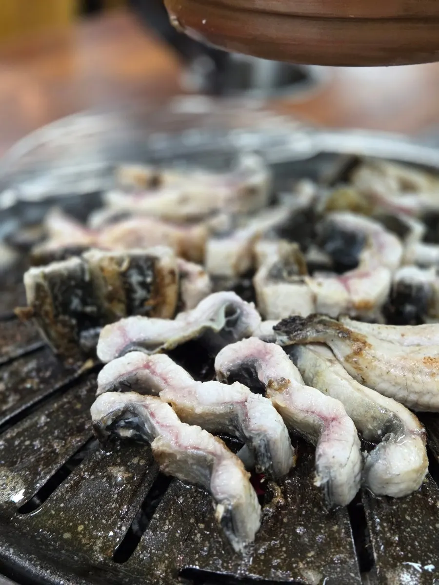 First piece of freshwater eel placed on the grill