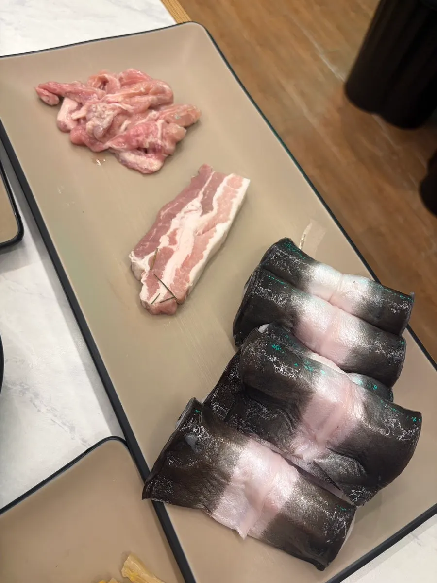 First serving of fresh freshwater eel, whole pork belly, and duck neck