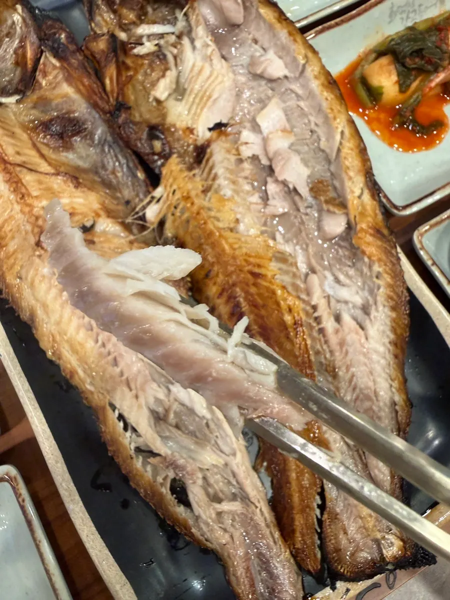 Plate with two servings of golden grilled rock bream