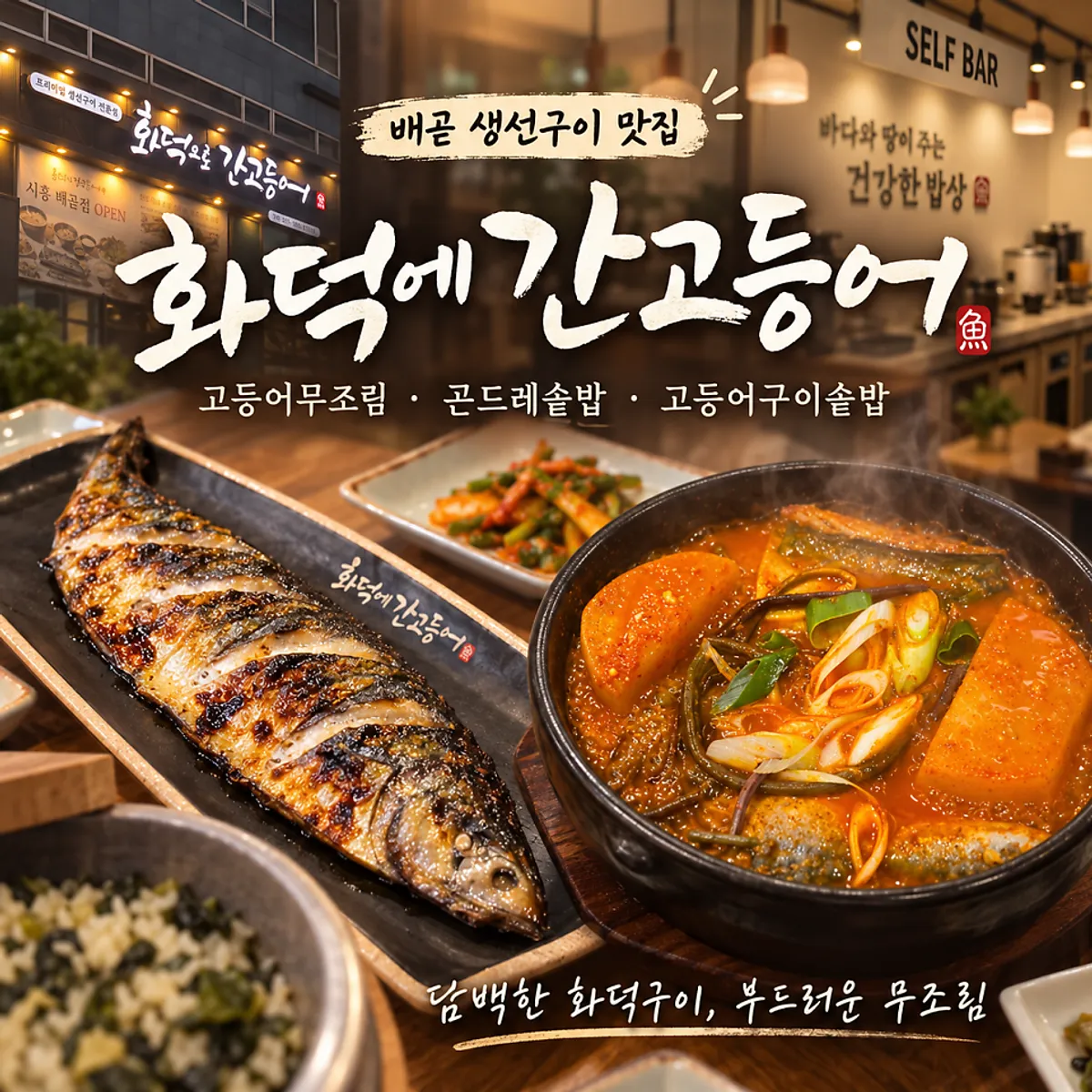 Main image of a grilled mackerel spread at Hwadogeuro Gan Godeungeo Siheung Baegot Branch