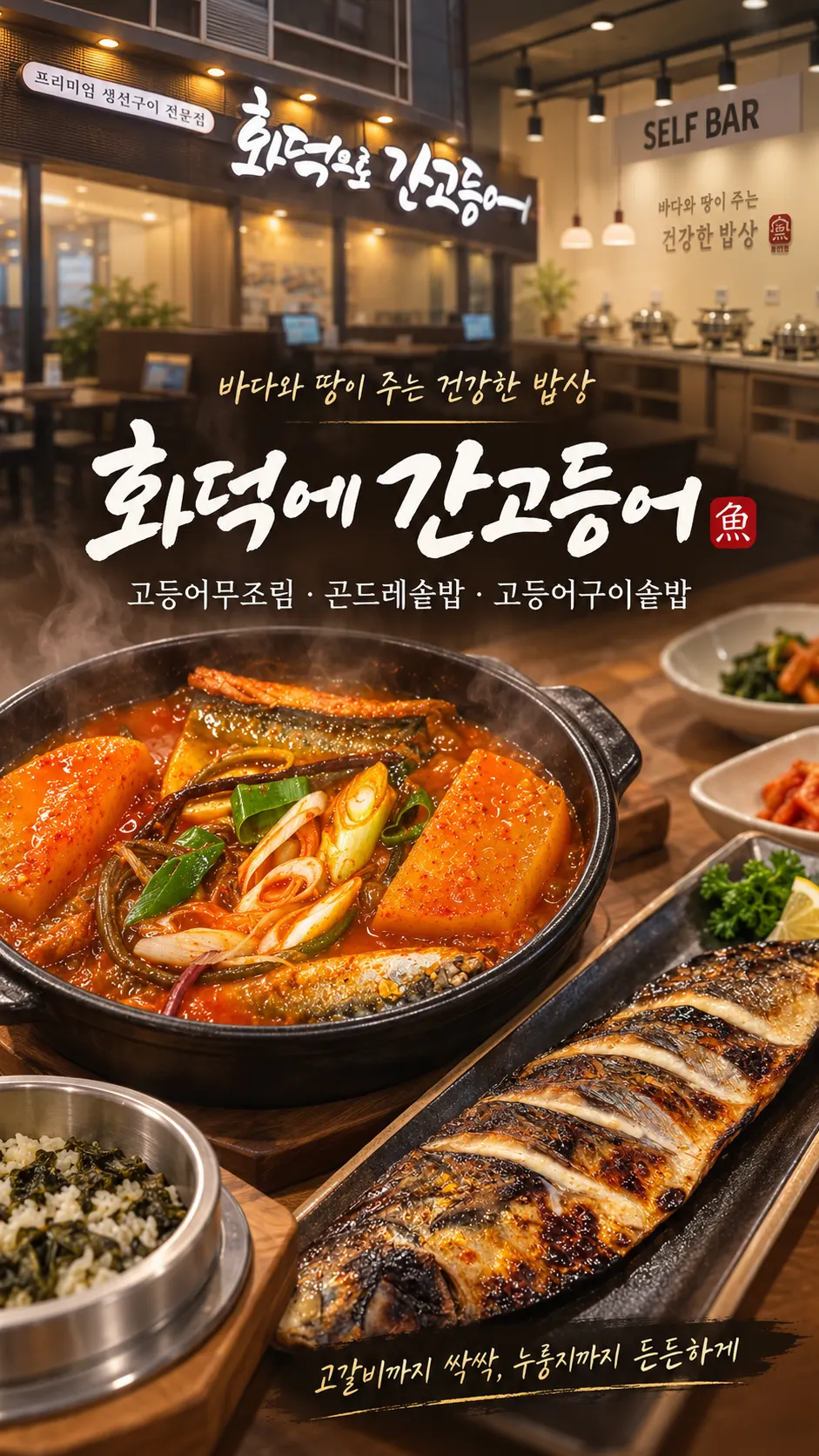 Grilled mackerel, mackerel radish stew, and hot pot rice served together