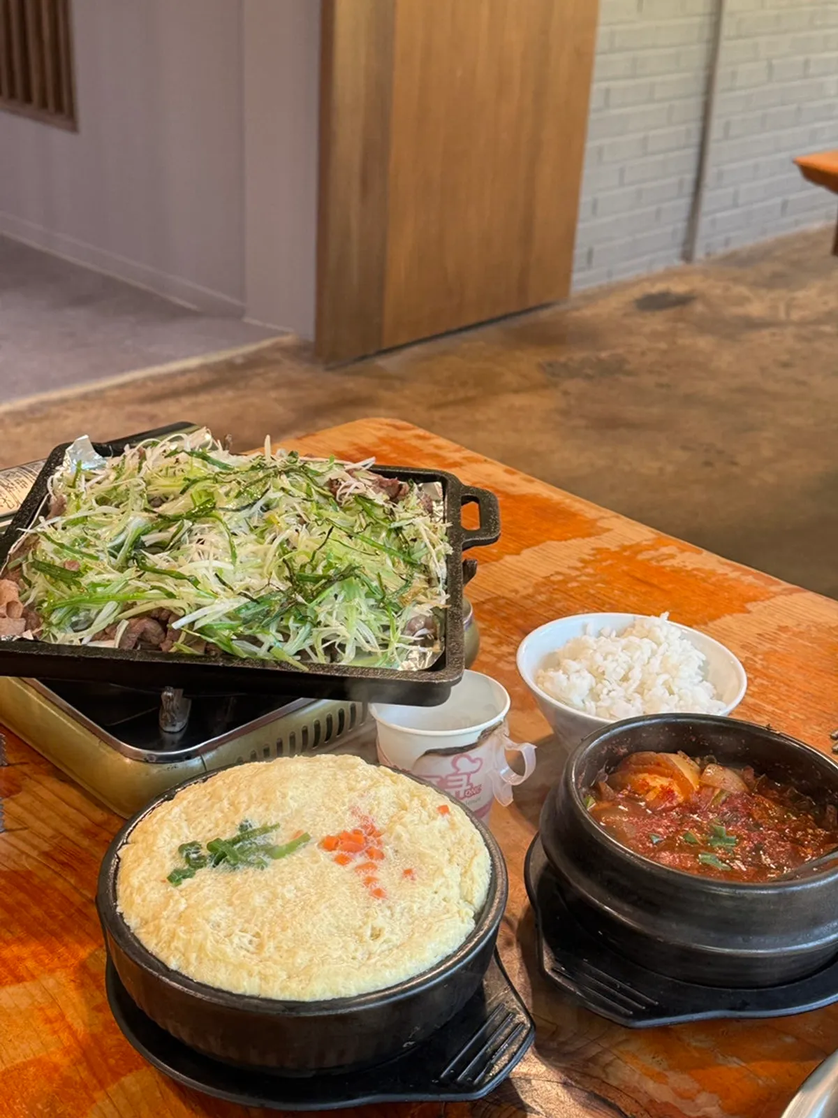 Table setting with rice and country-style doenjang stew