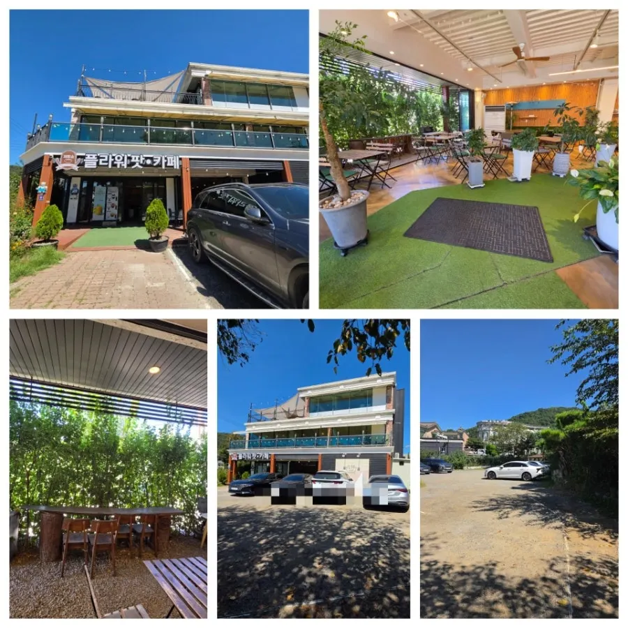 Exterior and terrace of Flowerpot Cafe under a blue sky