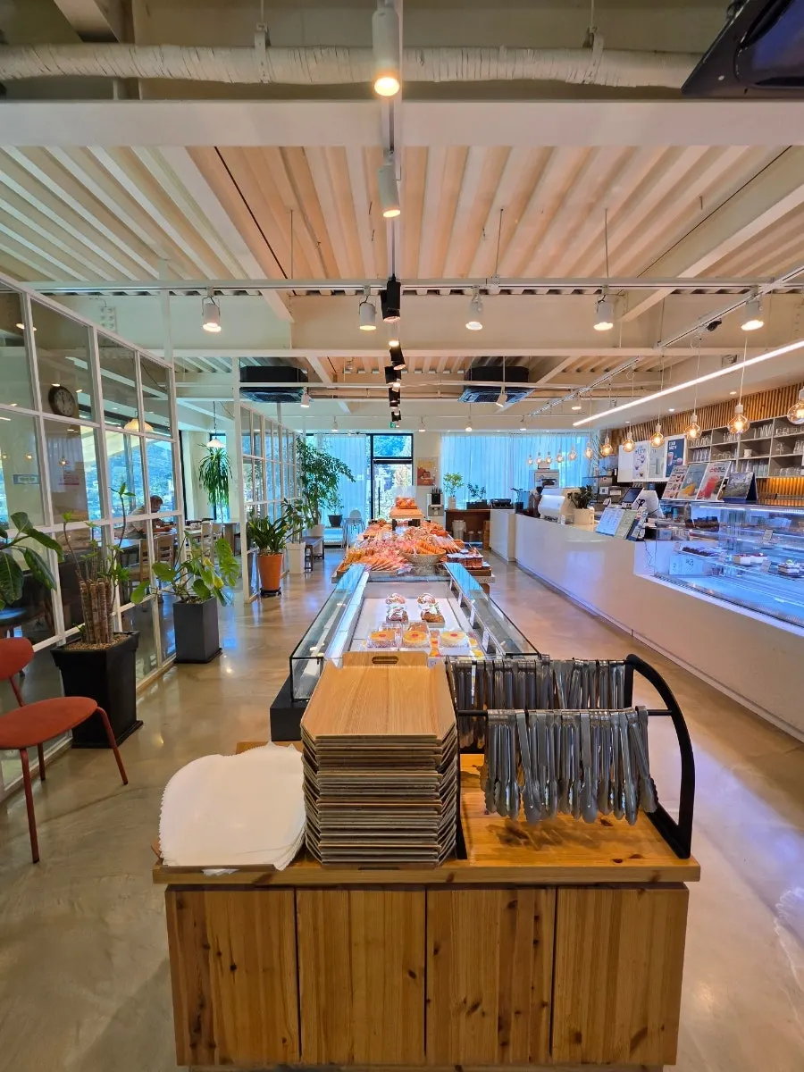Walkway in front of the second-floor bakery display