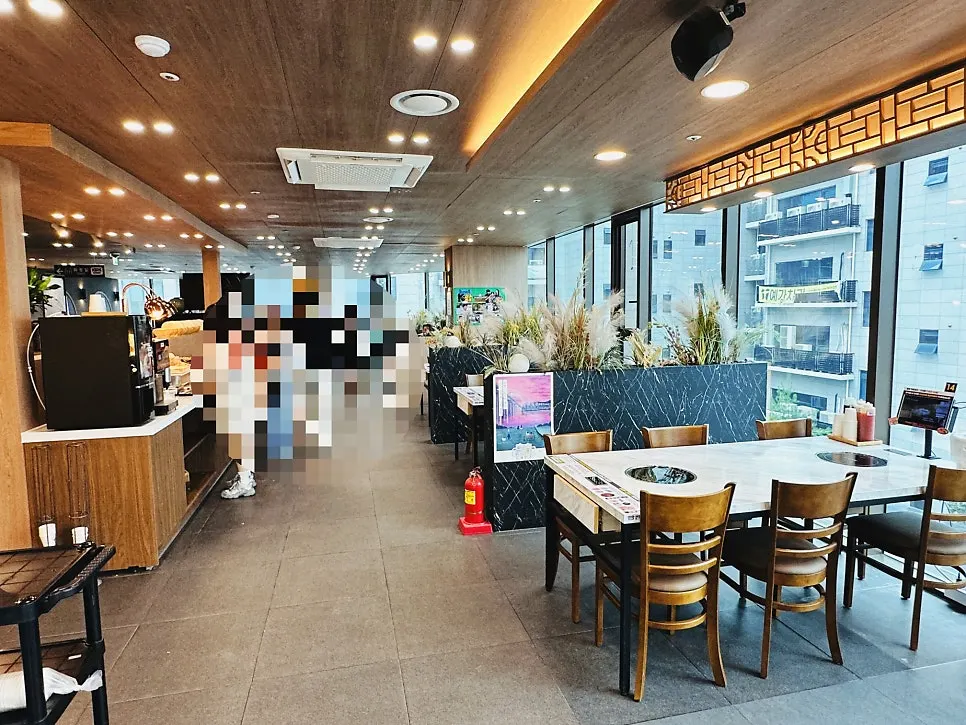 Spacious dining area with large windows