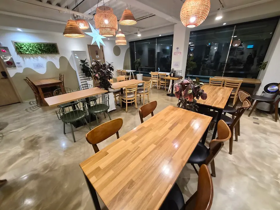Seating area with various tables and chairs