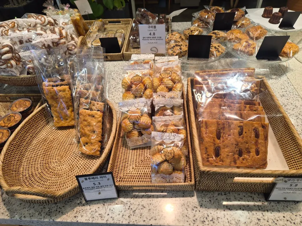 Sweet breads on display, including Mont Blanc and anbutter