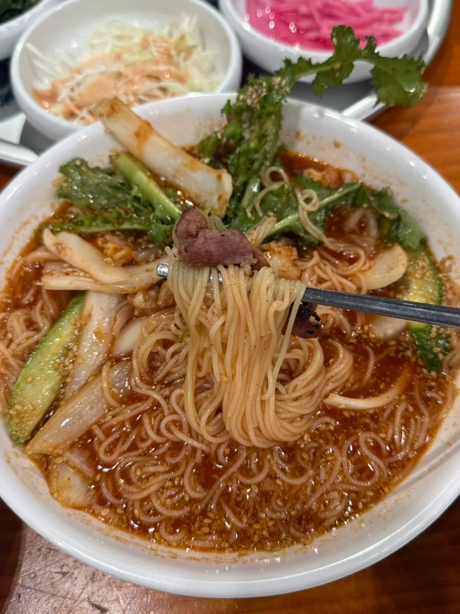Noodles well coated in seasoning in the bibim guksu