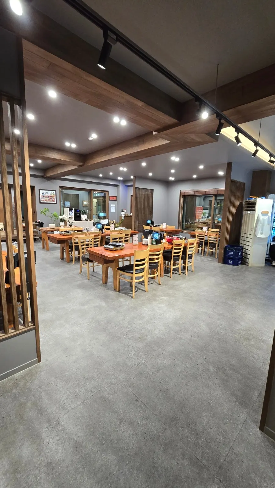 View of the restaurant with generous table spacing