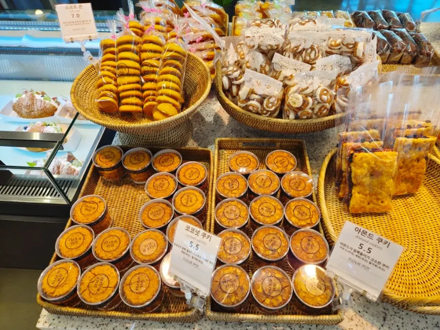 Plain breads including baguettes on display
