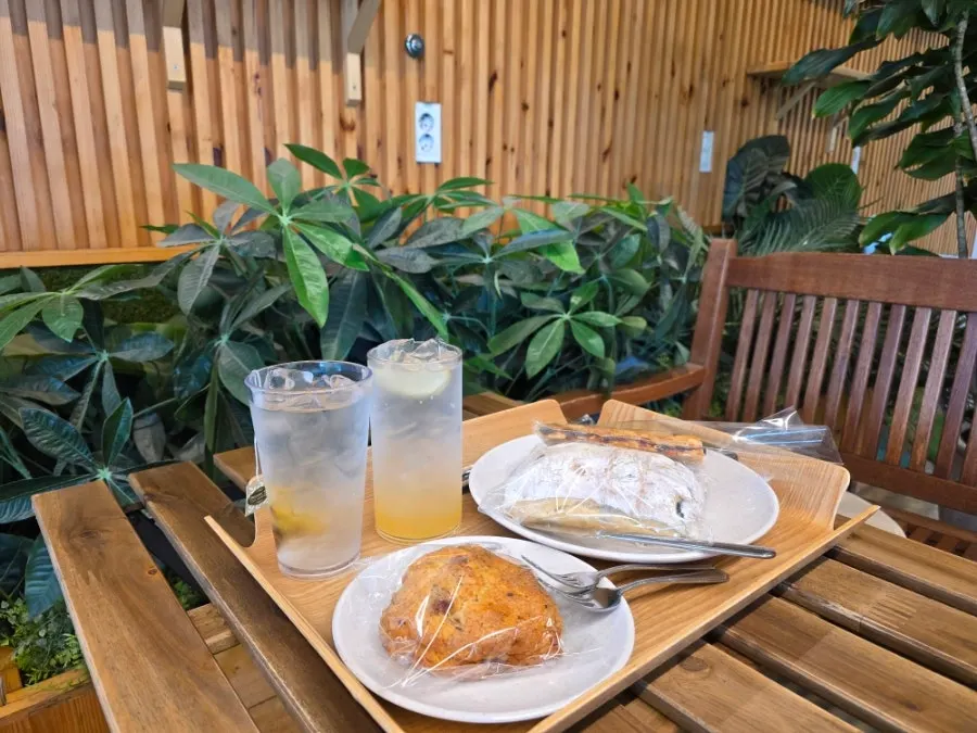 트레이에 담긴 빵 세 종류와 음료 두 잔