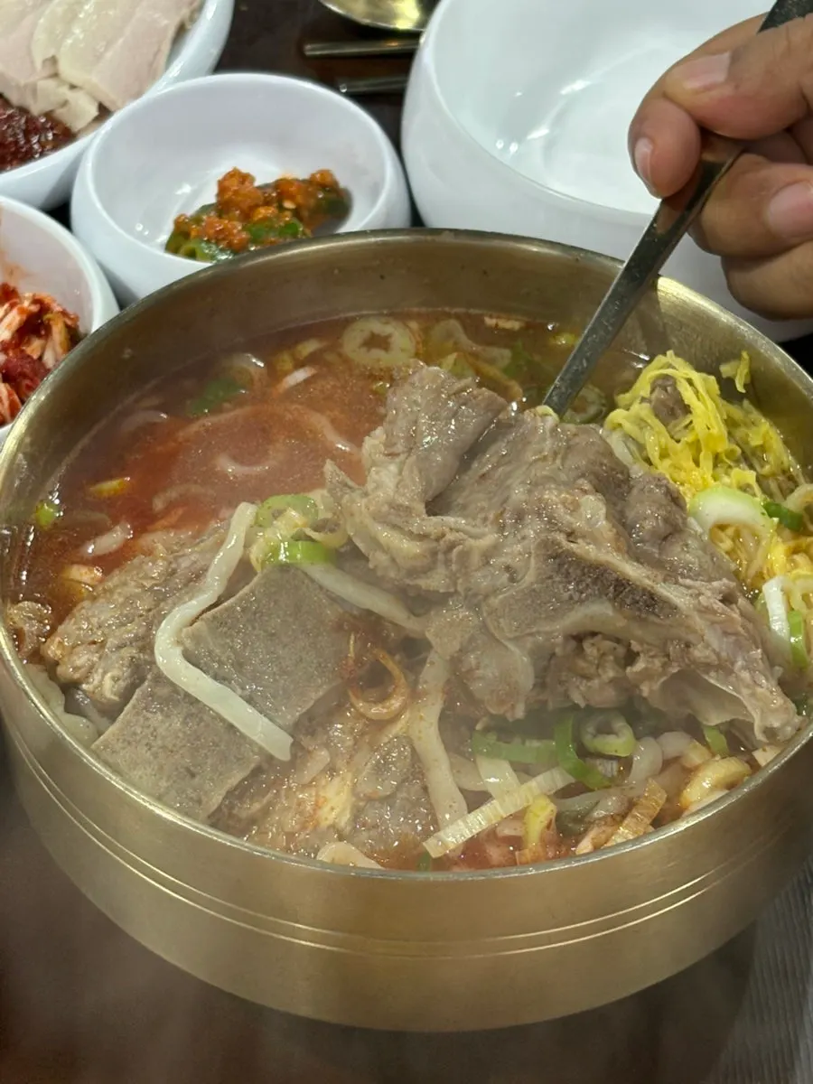 Three chunks of bone meat sitting in the broth