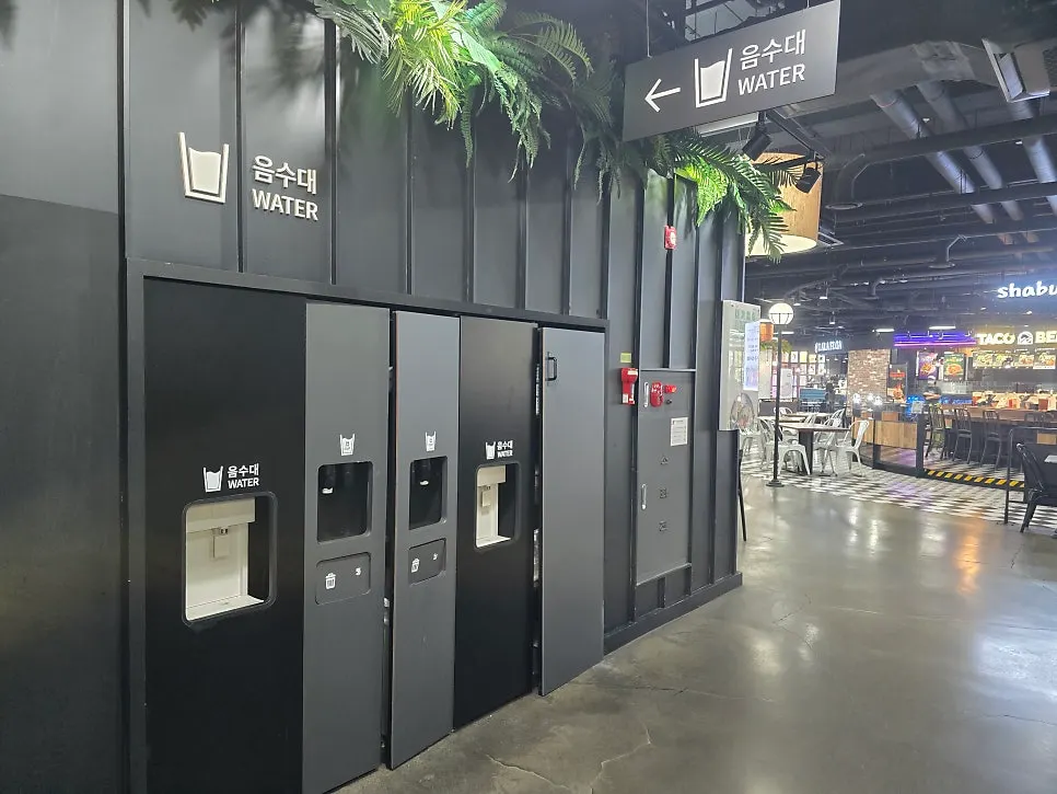 Food court water station and dispensers with signage
