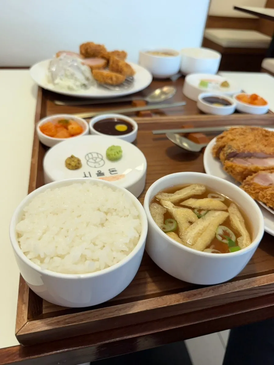 Set meal with black sesame cabbage salad, rice, and soup