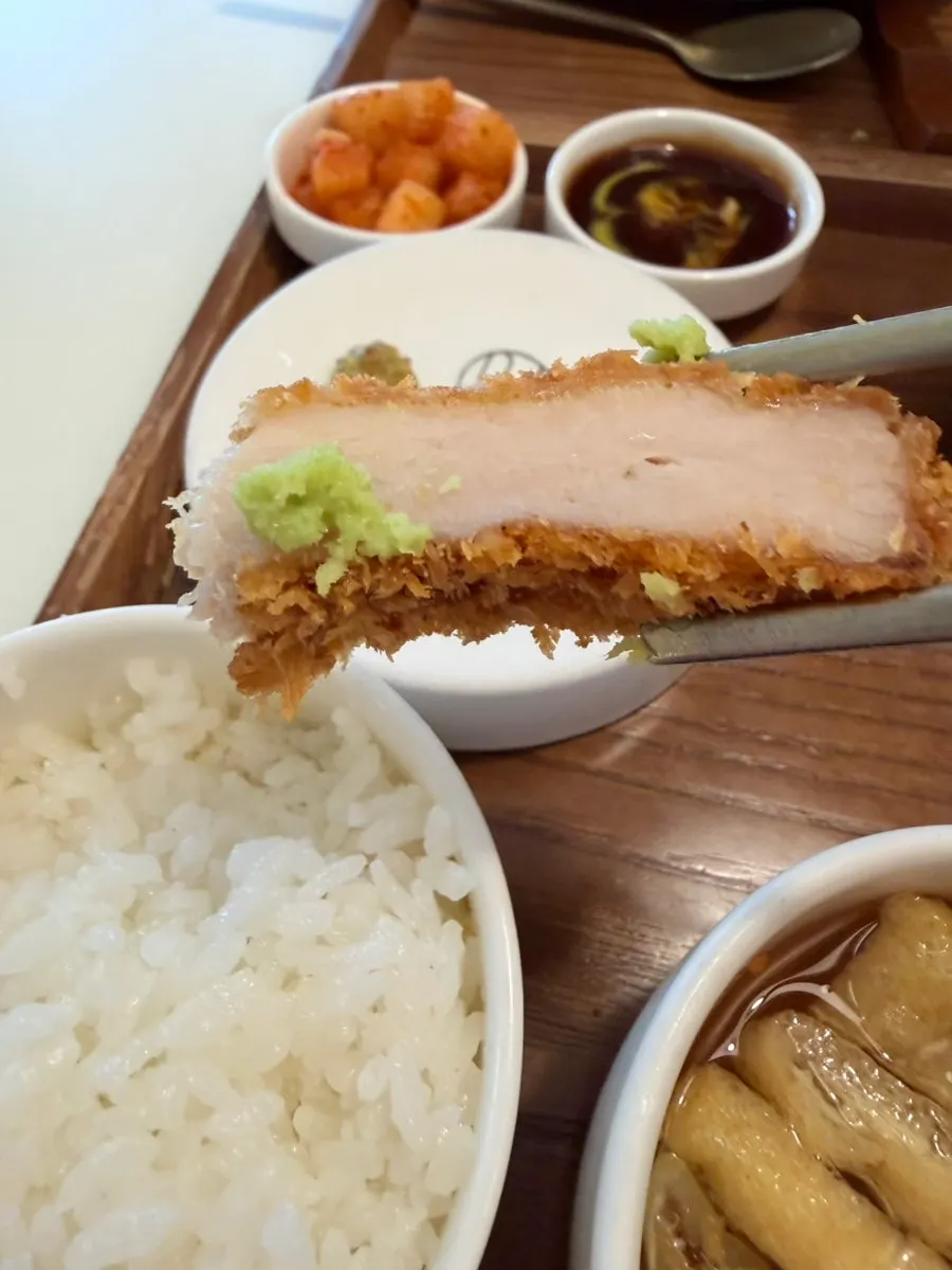 A piece of katsu dipped in sauce
