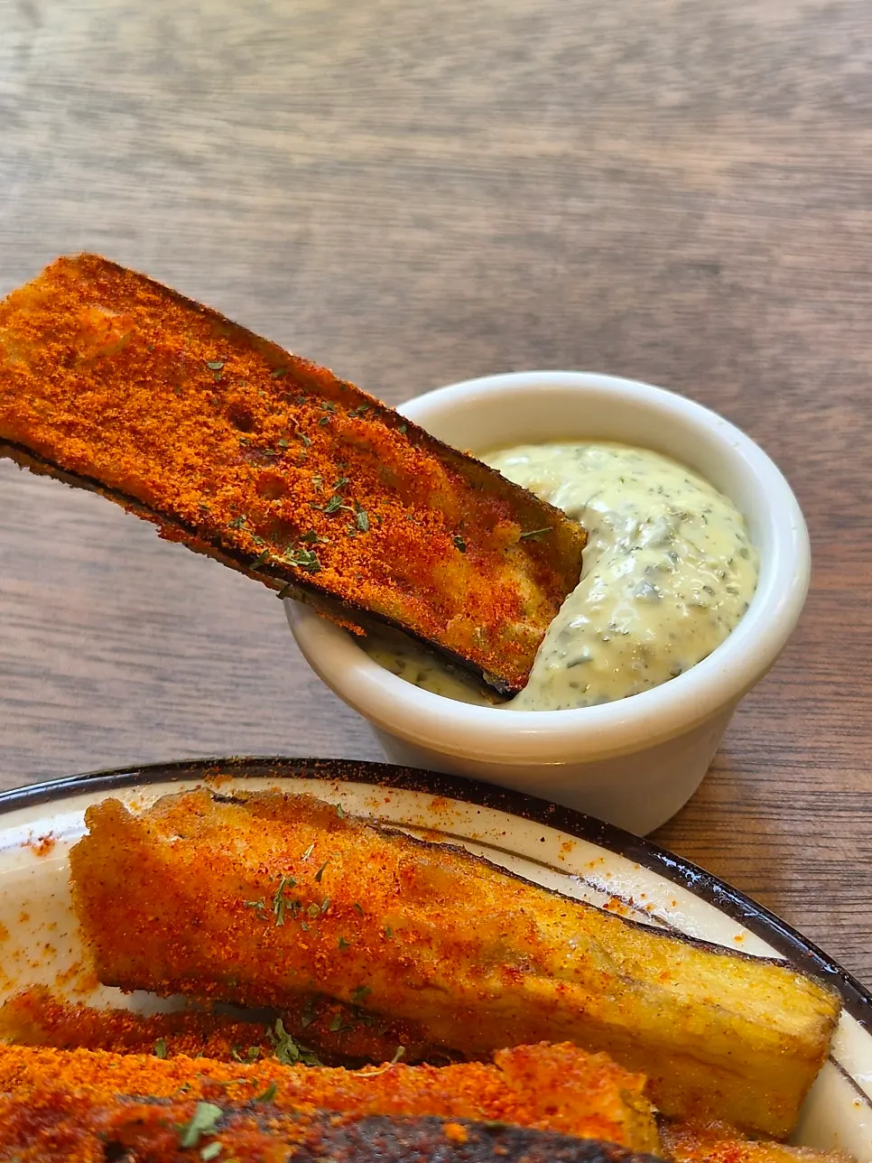 Crispy fried eggplant and dipping sauce