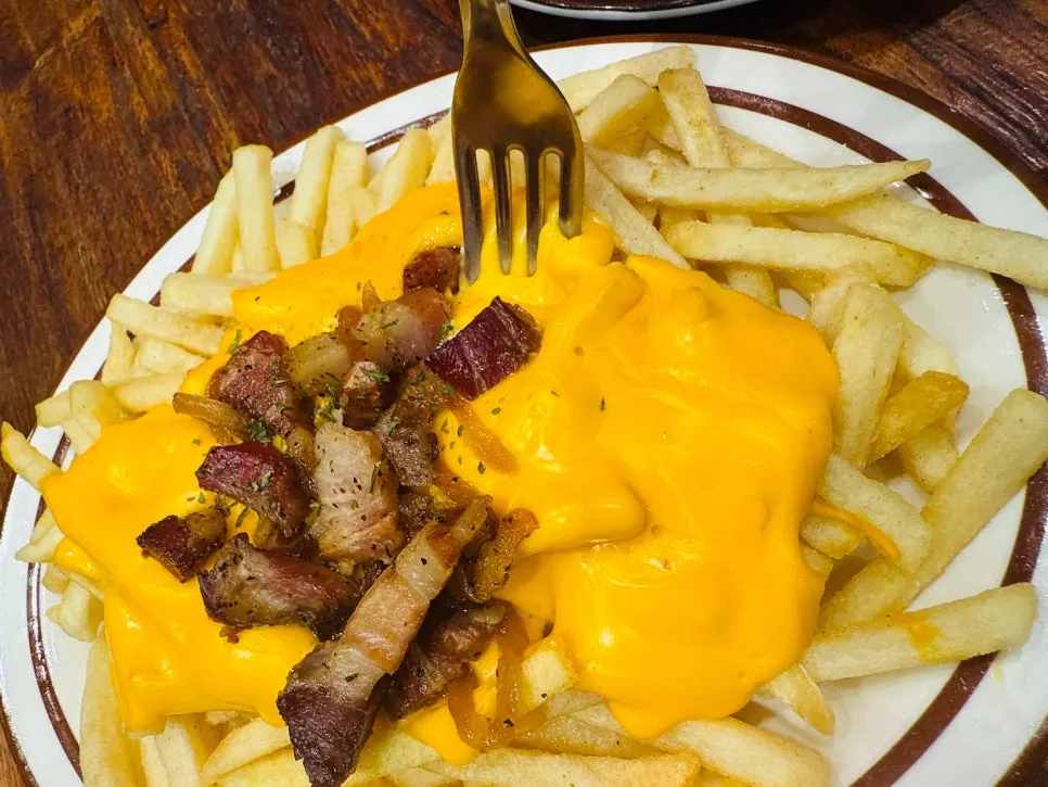 Cheese fries topped with bacon pieces