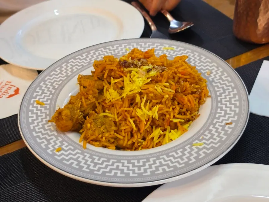 Fluffy fried rice mixed with big chunks of chicken