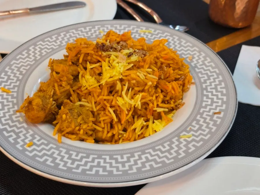 Full spread of tandoori chicken, fried rice and fried noodles