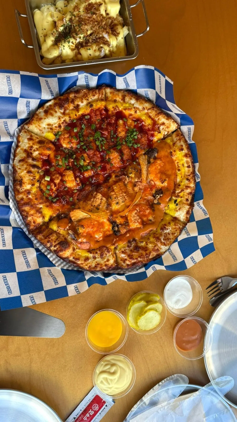 Quattro Buldak and Amazing Shrimp pizza