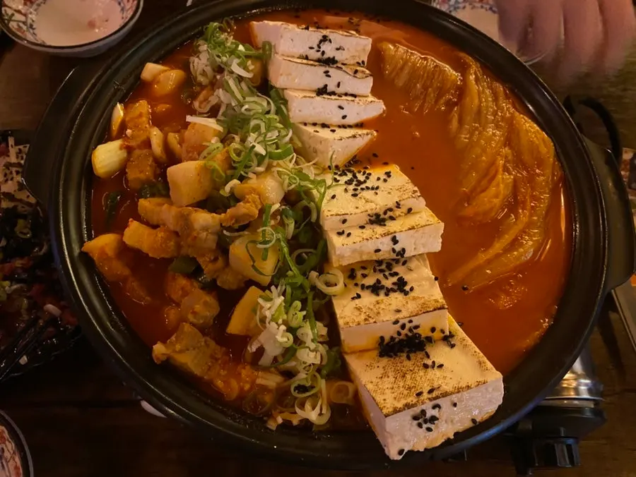 Meat-packed aged kimchi hot pot on the table