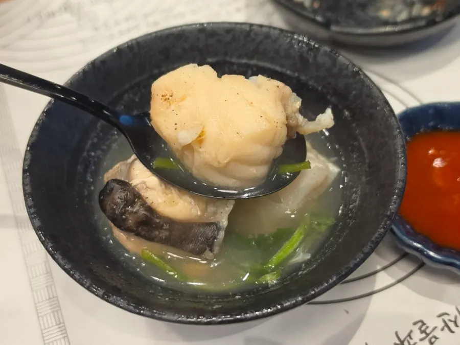 A bowl of monkfish jiri stew broth